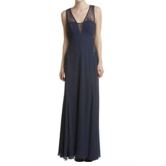 BCBG Paris Ariel Navy‎ Blue Lace Cutout V Neck Maxi Evening Formal Dress Size 6 - Picture 1 of 12